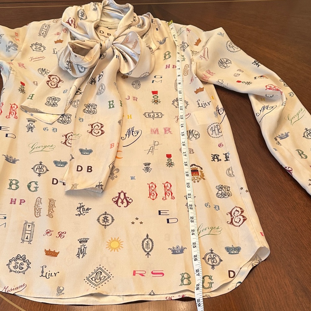 Stella McCartney Designer Monogram Print Bow-Tie Blouse – Cream Silk-Feel Top - Picture 5 of 9